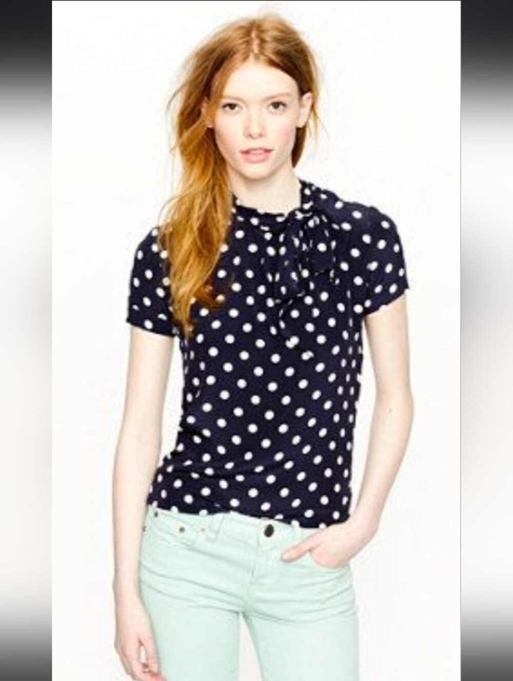 J. Crew 💯% Silk Navy Polka Dot Side Tie-Neck Blouse